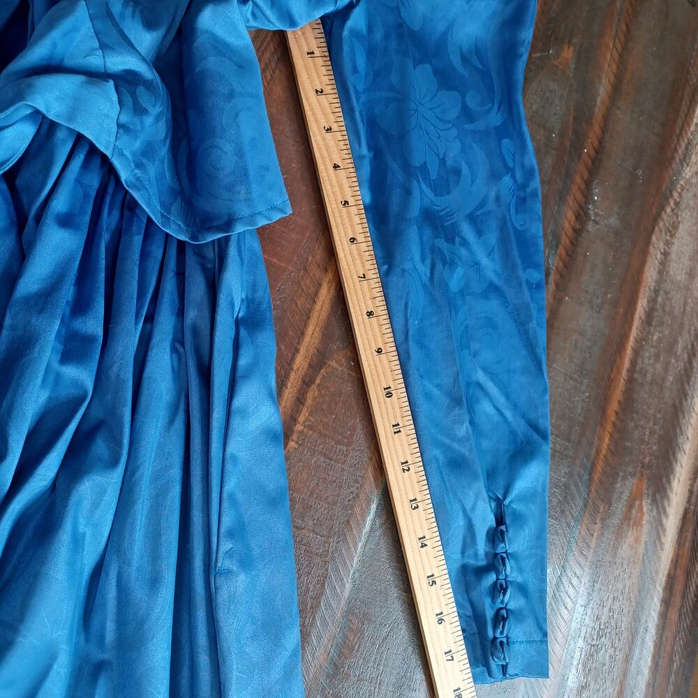 Vtg Laura Ashley Blue Damask Puff Sleeve Dress Bow Back Pockets - Picture 9 of 11